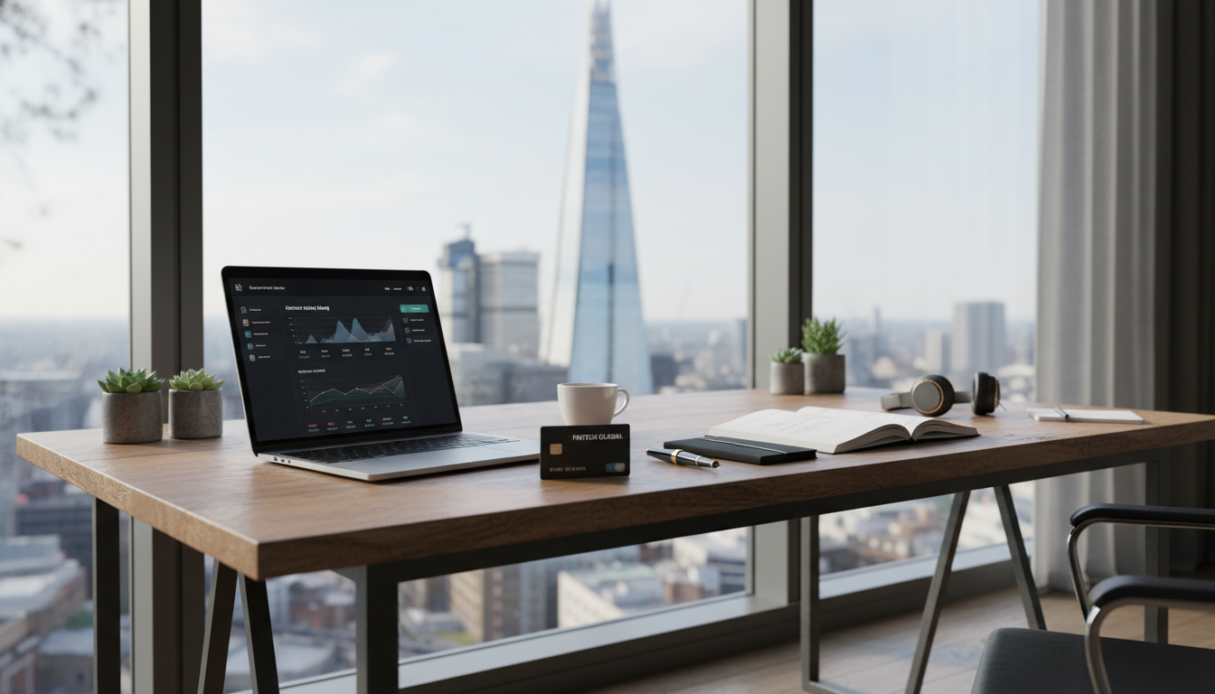 A high-quality photo of a modern workspace in London with a view of the Shard in the background. On a wooden desk sits a MacBook Pro showing a digital banking dashboard, a contactless business debit card, and a professional notebook with a stylish pen.