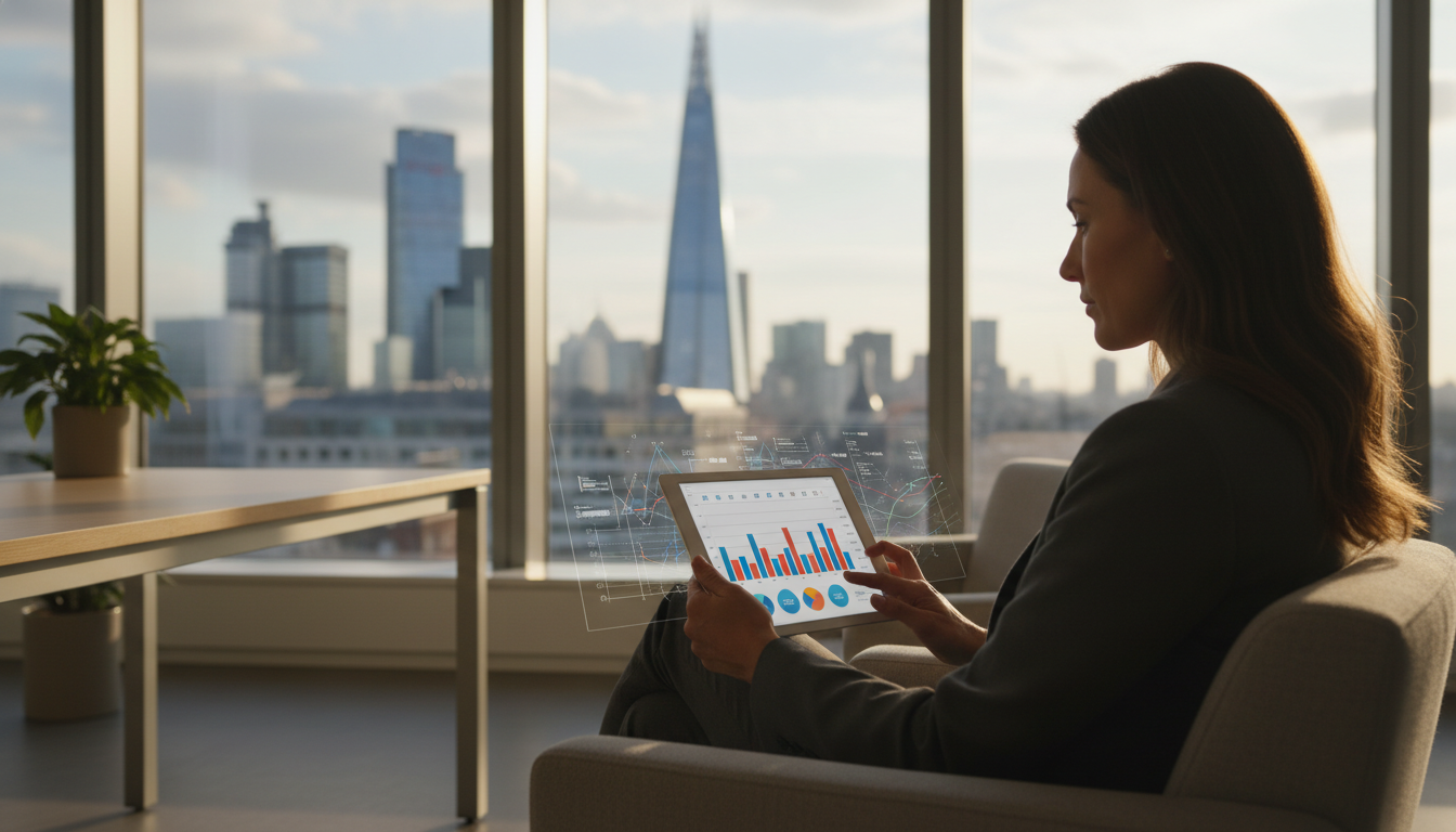 A professional expat sitting in a modern London office, looking at a digital tablet displaying real estate growth charts and the London skyline with the Gherkin and Shard in the background, high quality, cinematic lighting, professional photography style