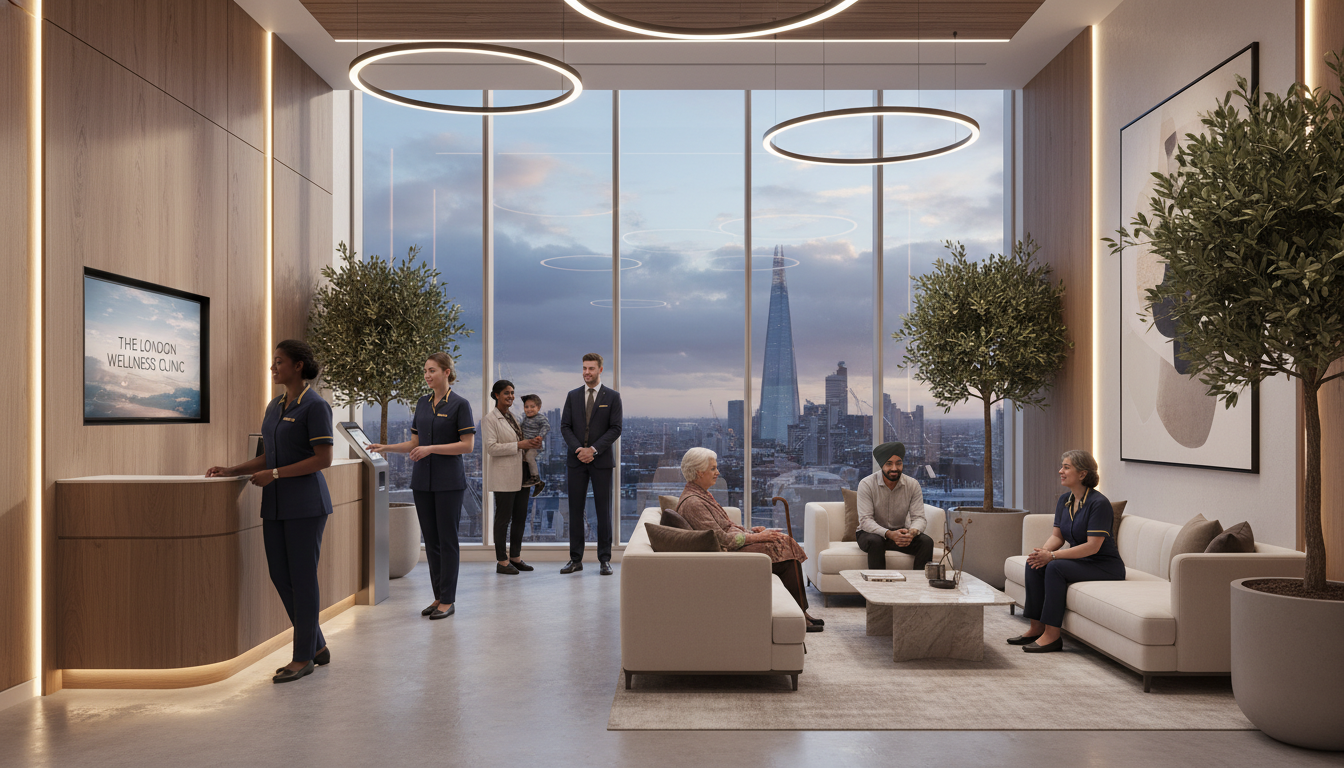 A sleek, modern private hospital reception area in London with large glass windows showing a view of the city, professional staff in uniforms greeting a diverse group of patients, soft warm lighting, high-end interior design, 8k resolution.