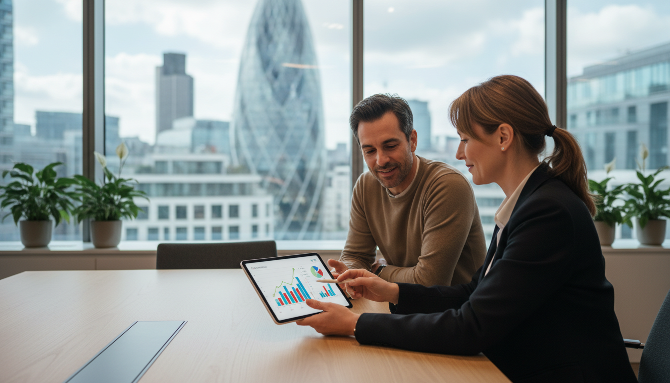 A professional financial advisor sitting across from an expatriate couple in a bright, modern London office. Large floor-to-ceiling windows show a blurred view of the Gherkin and city skyline. The advisor is pointing to a digital tablet displaying growth charts, and the atmosphere is collaborative and reassuring.