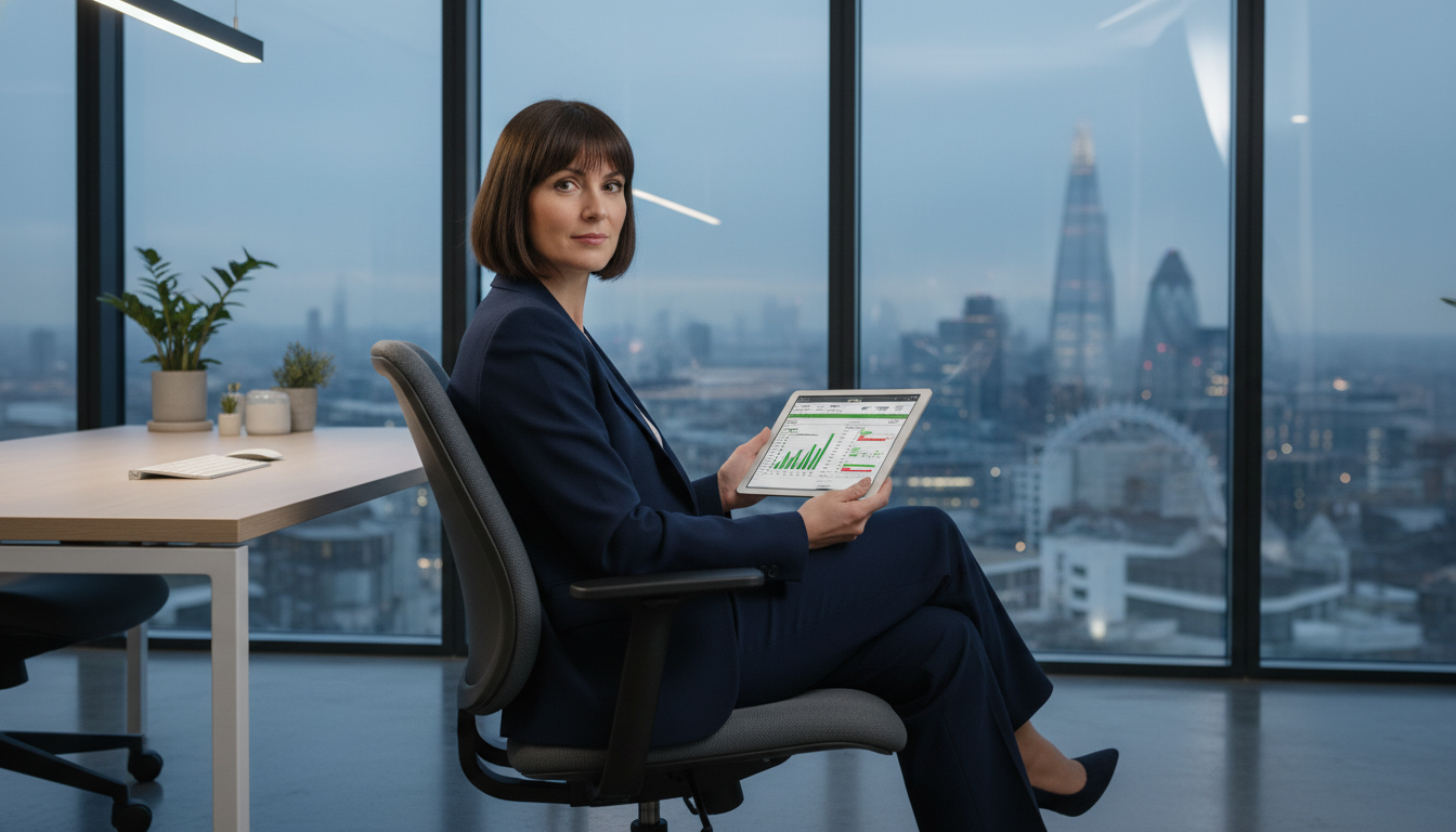 A professional accountant sitting in a modern office with a view of the London skyline, reviewing digital tax documents on a tablet, clean minimalist aesthetic, photorealistic style.