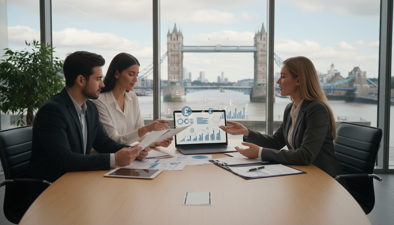 A professional tax consultant sitting across from a couple in a modern London office, overlooking the Tower Bridge, discussing financial documents and a laptop screen showing tax graphs and British pound symbols.