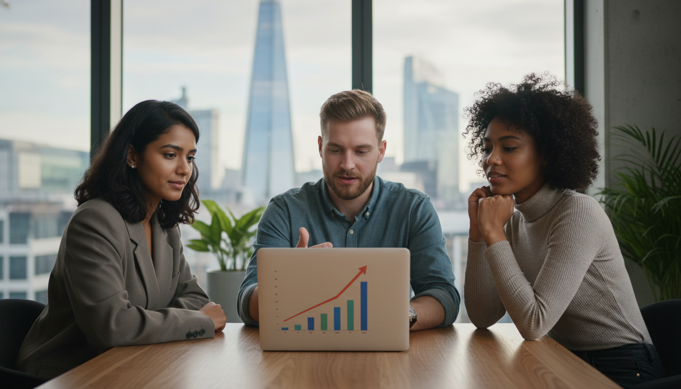 A diverse group of three young entrepreneurs, one of South Asian descent and one of European descent, sitting in a modern co-working space in East London, looking at a laptop screen with a chart showing upward growth, with a blurred view of the London skyline through the window behind them, soft natural lighting, realistic style