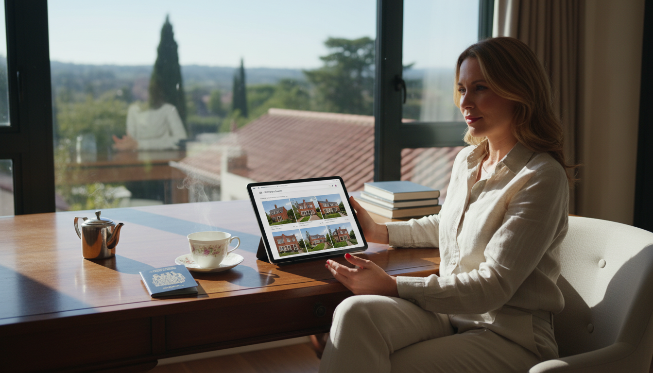 A professional person sitting in a sunlit home office abroad, looking at a digital tablet showing UK real estate listings, with a British passport and a cup of tea on the desk, high quality, photorealistic