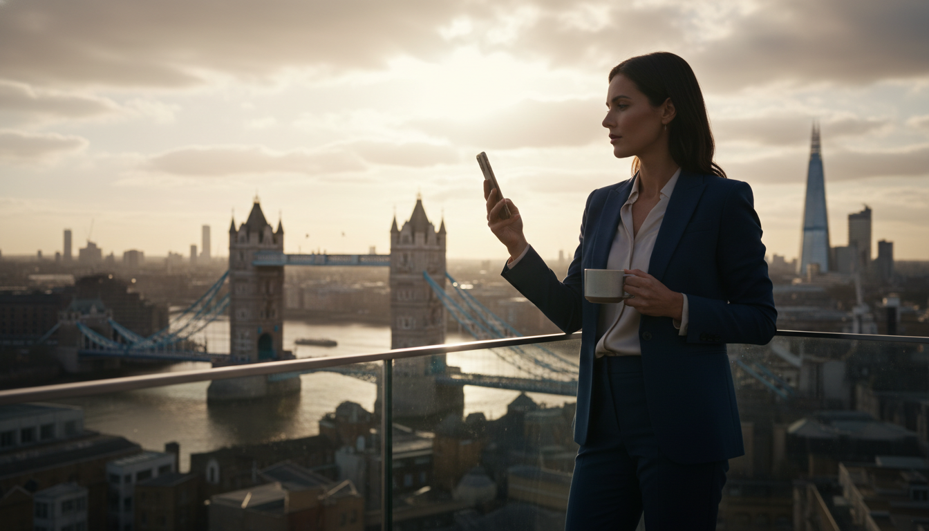 A professional entrepreneur standing on a balcony overlooking the London skyline with the Tower Bridge in the background, holding a coffee cup and looking at a smartphone, cinematic lighting, 4k resolution