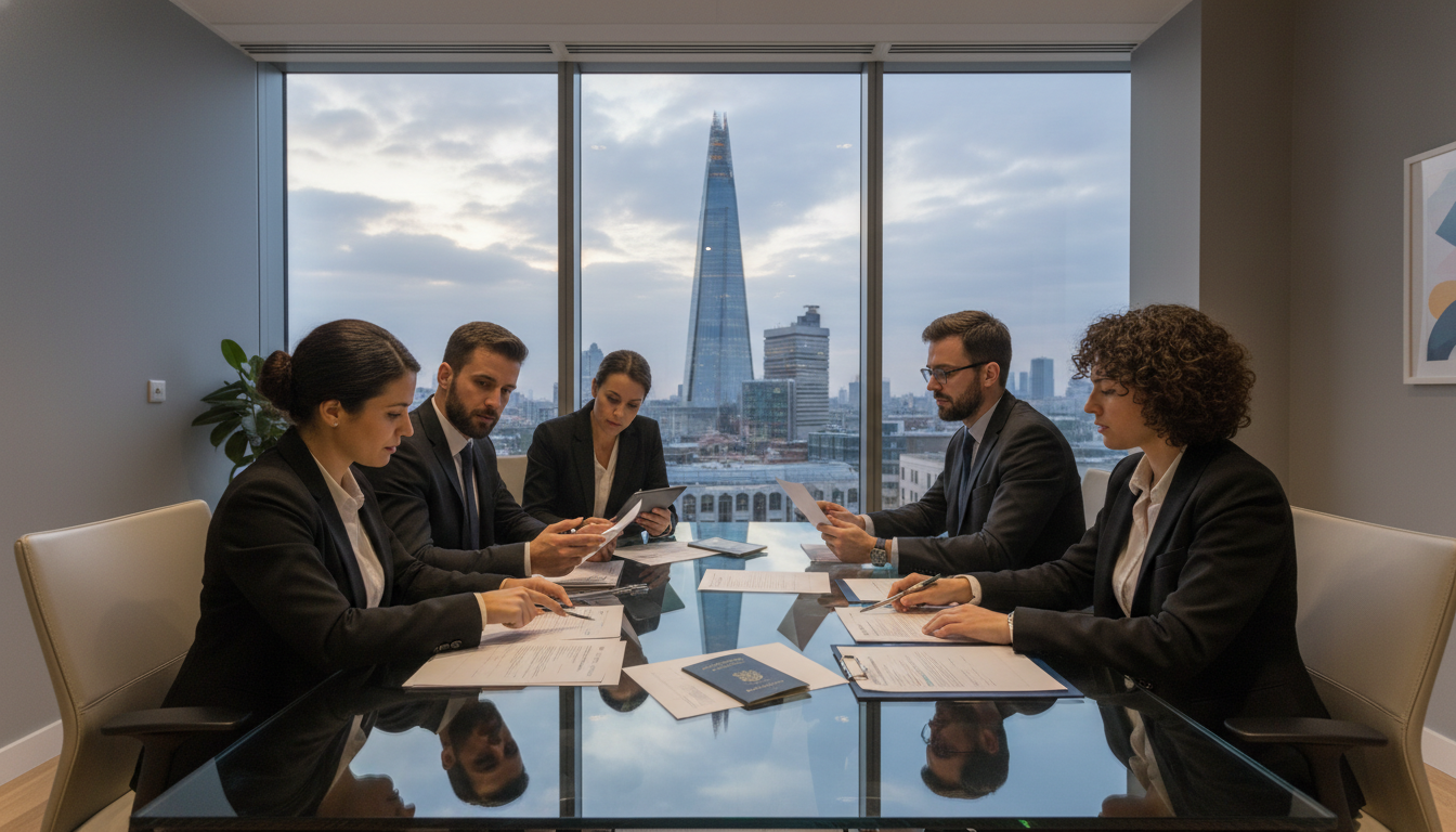 A professional modern office setting in London with a view of the Shard, featuring a diverse group of legal consultants discussing immigration documents over a glass table, cinematic lighting, 8k resolution.