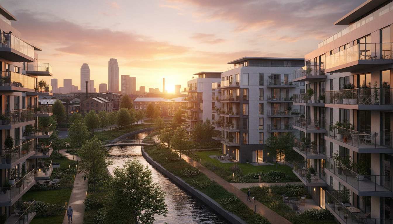 A high-quality wide-angle shot of a modern residential apartment complex in a regenerated area of Manchester, featuring large glass balconies and green spaces, sunset lighting.