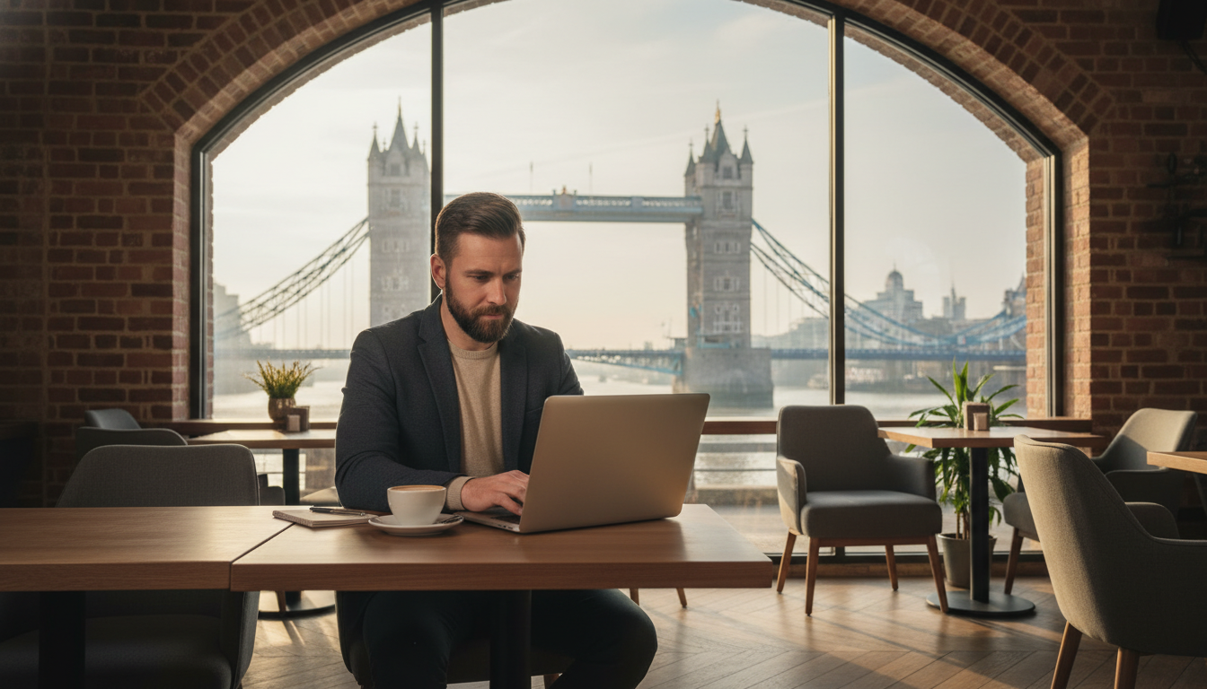 A professional expat entrepreneur sitting in a modern London coffee shop, looking at a laptop with the Tower Bridge visible through the window, high-quality photography, soft morning light.